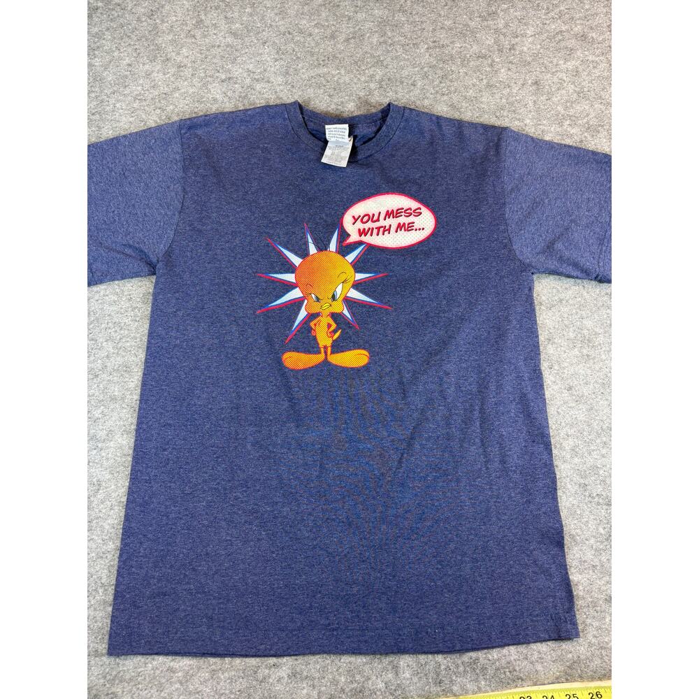 VINTAGE Looney Tunes You Mess With Me Tweety Bugs Taz Shirt Mens Medium Blue Tee